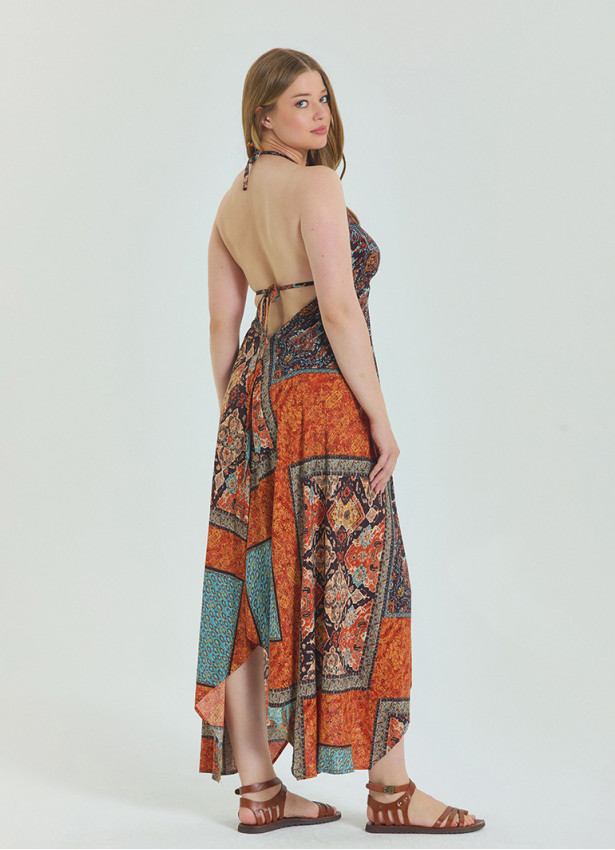 V Neck Backless Halter Neck Coffee Plus Size Dress 4662